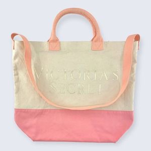 Victoria's Secret Spell Out Two Tone Cream Pink Canvas Crossbody Large Tote Bag